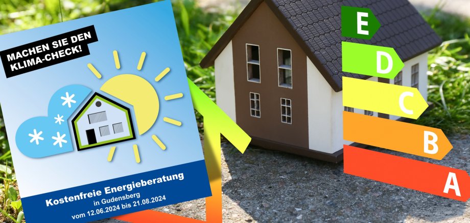 Haus mit Energietabelle und Flyer Machen Sie den Klimacheck