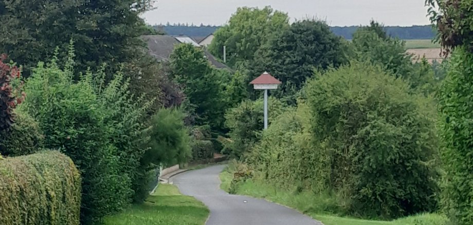 Mauerseglerturm Obervorschütz mit Häusern, Grünflächen und Bäumen und Büschen